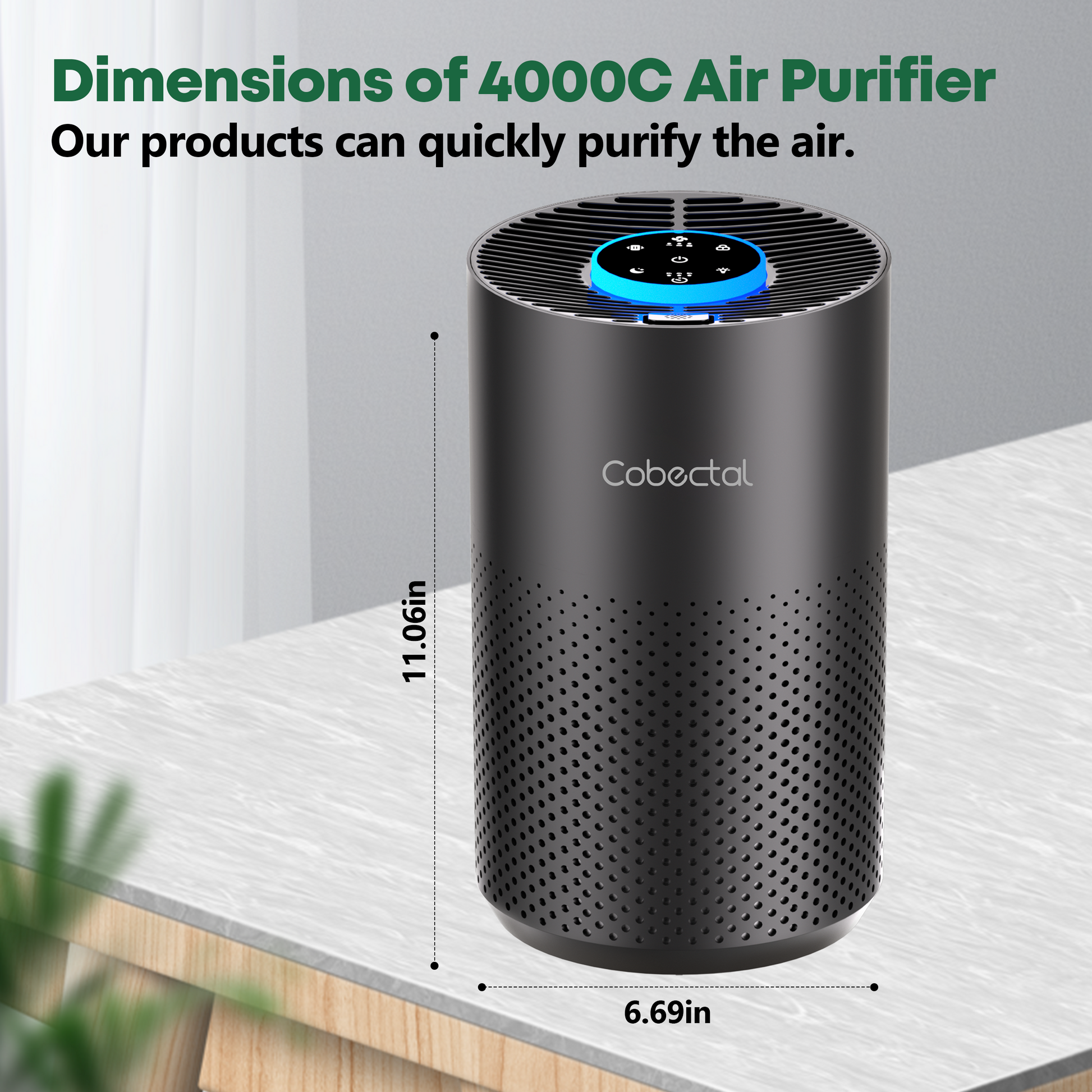 Cobectal 4000C Air Purifier Compact size 11.06in height 6.69in width quick air purification Ideal for home use