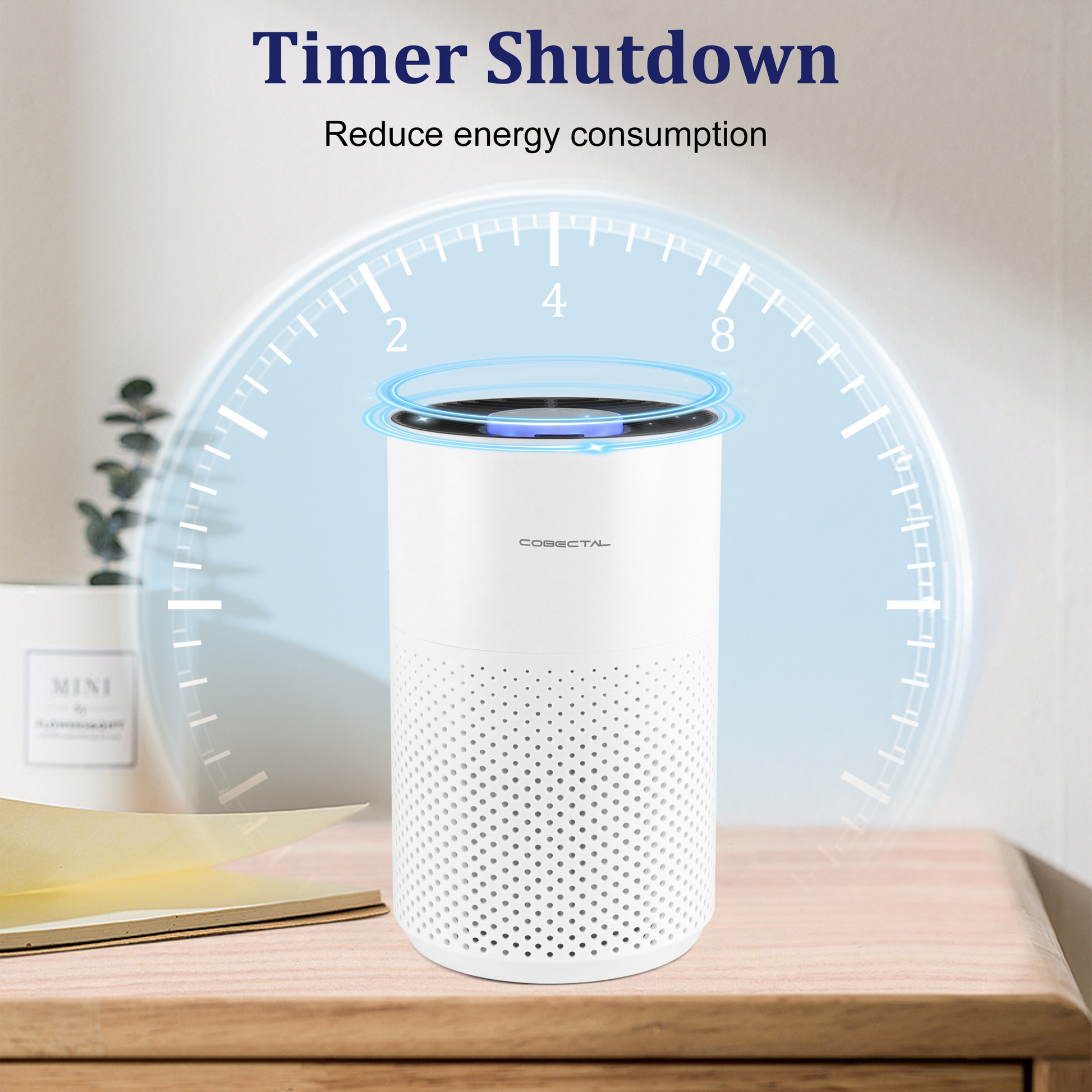 Cobectal ZQA4000C air purifier timer shutdown function. Reduces energy use. Shown with a clock - like visual around the purifier, placed on a wooden desk.
