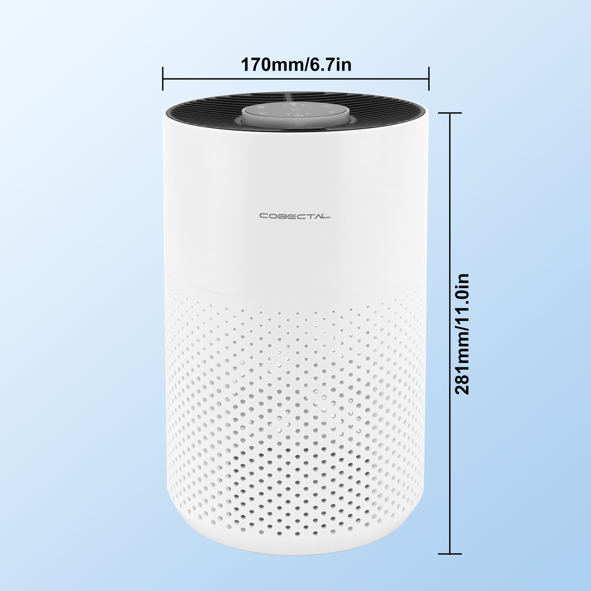 Cobectal air purifier dimensions 6.7in (diameter) x 11.0in (height) compact cylindrical design white with perforated lower body and top controls.