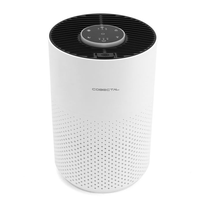 Cobectal ZQA4000C air purifier - sleek cylindrical design, white body with perforated lower half, top touch control panel. Compact, modern look for home/office air cleaning.