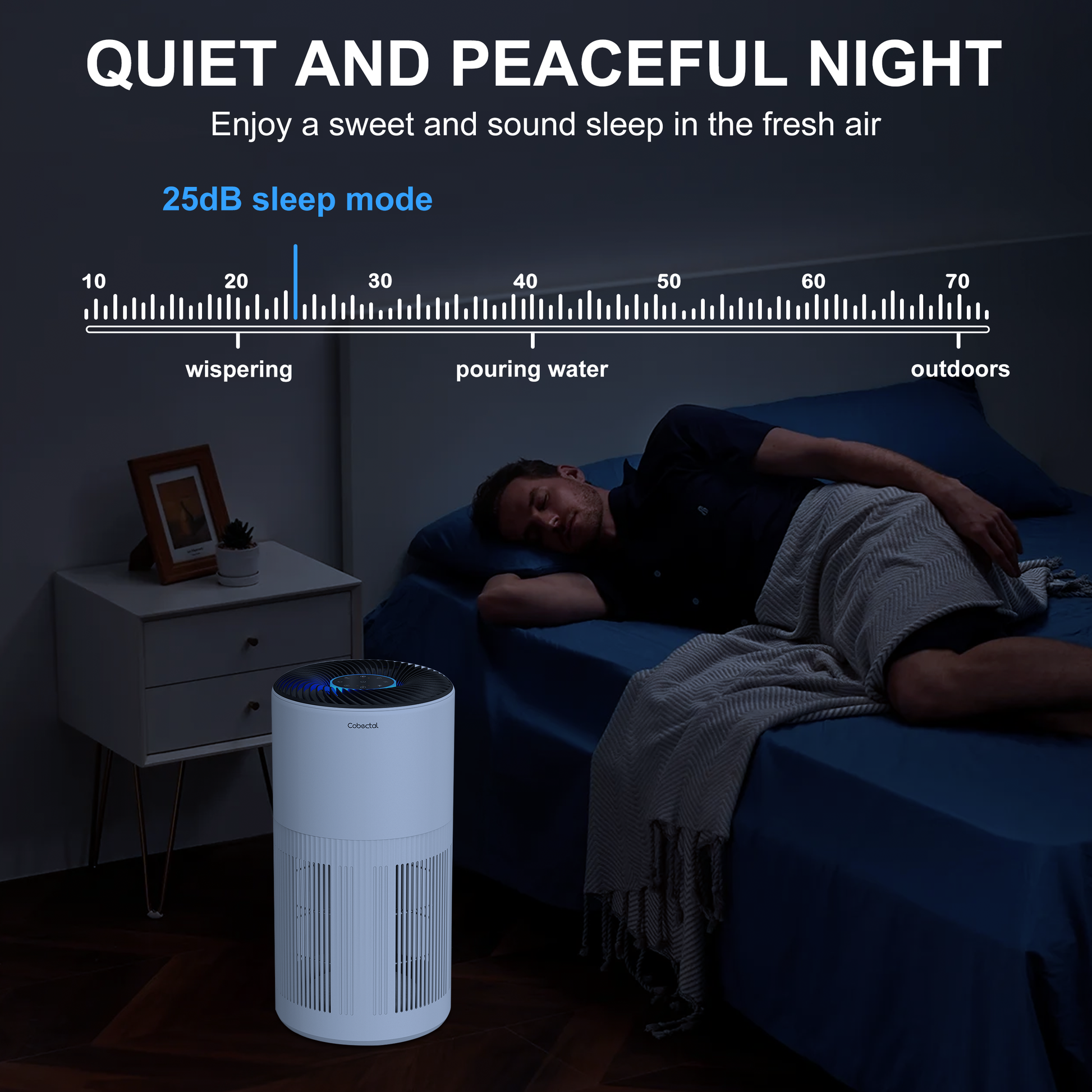 Cobectal ZQA6000A air purifier ensures a quiet night. 25dB sleep mode (quieter than whispering). Shown with a man sleeping soundly, enjoy fresh air for sweet sleep. 