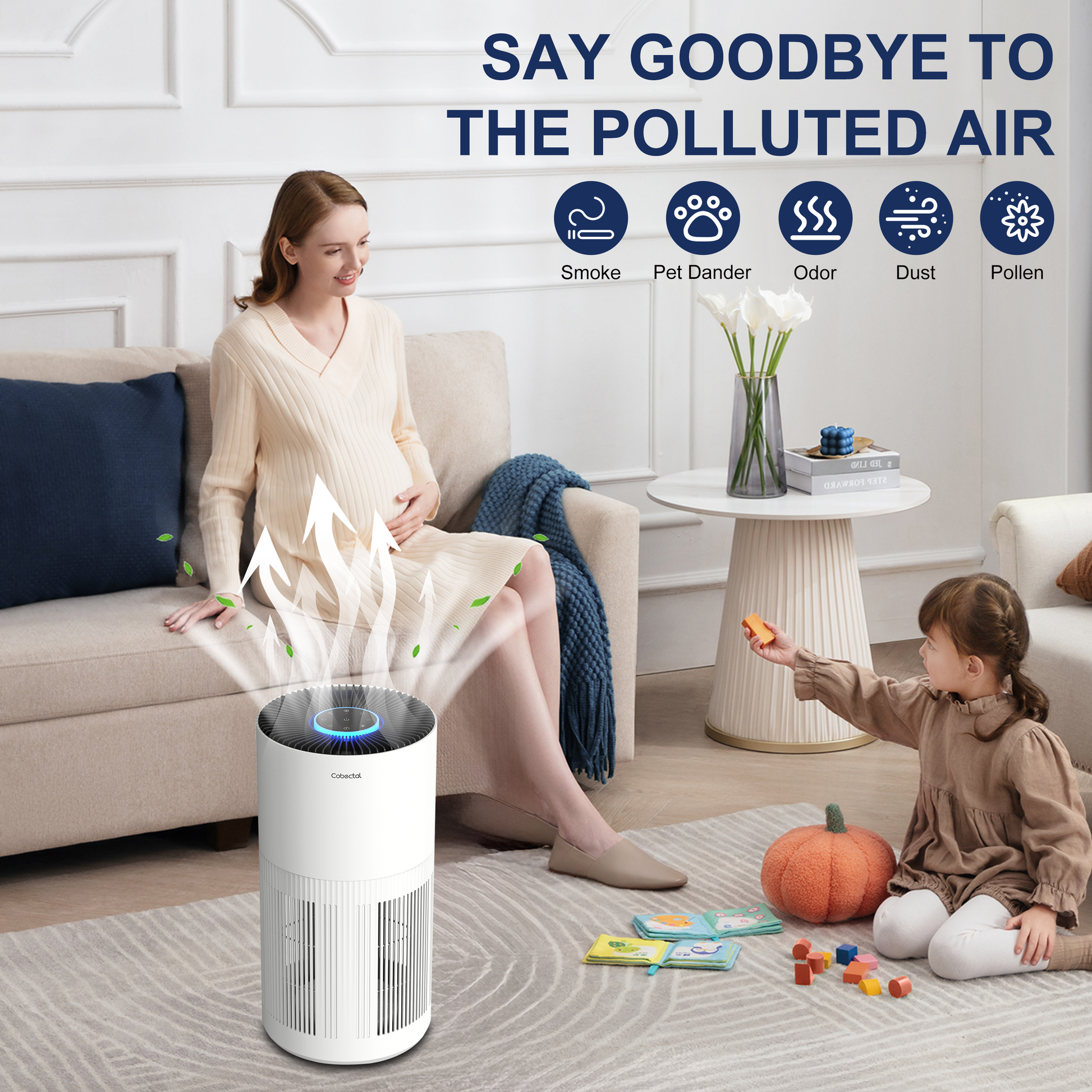 Cobectal ZQA6000A air purifier – say goodbye to polluted air like smoke, pet dander, odor, dust, pollen. Shown in a family living room, it purifies air for a pregnant woman and child.