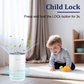 Cobectal ZQA 4000C  air purifier child lock feature press and hold LOCK button for 3s shown with a child playing safely nearby ensuring no accidental button presses.