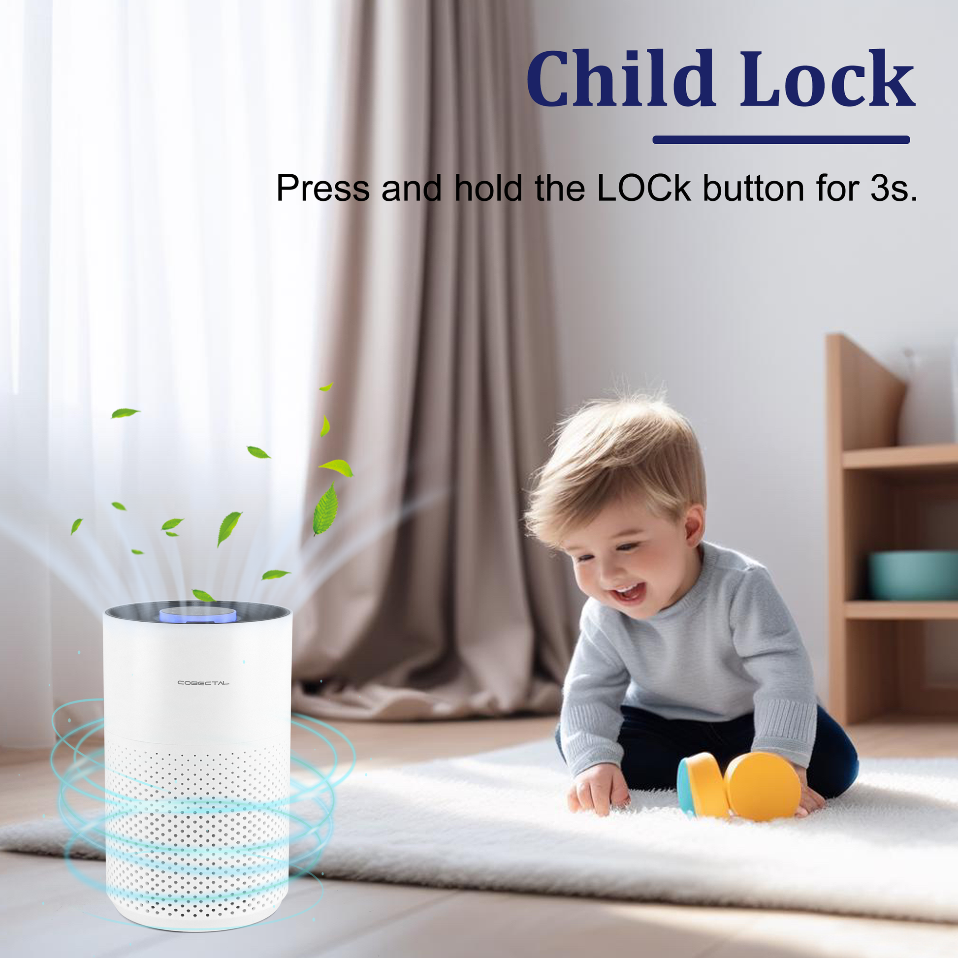 Cobectal ZQA 4000C  air purifier child lock feature press and hold LOCK button for 3s shown with a child playing safely nearby ensuring no accidental button presses.