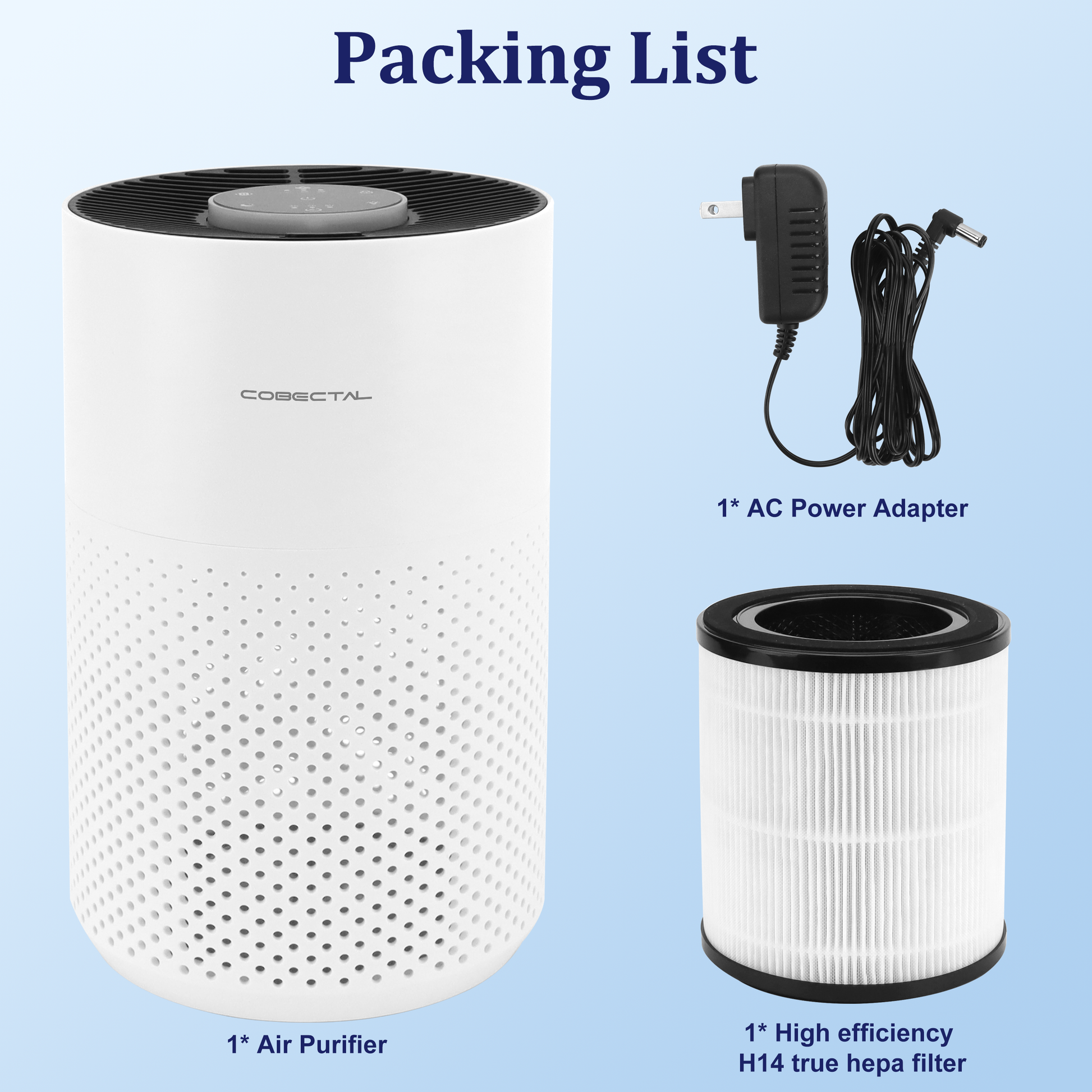 Cobectal ZQA4000C air purifier packing list 1 air purifier, 1 AC power adapter, 1 high-efficiency H14 true HEPA filter with all components clearly shown on a light blue background.