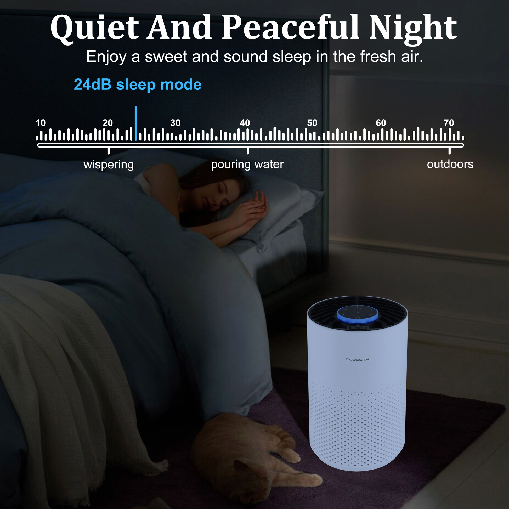 Cobectal ZQA4000C air purifier ensures quiet peaceful nights. 24dB sleep mode (quieter than whispering), shown with a woman and cat sleeping soundly. Enjoy fresh air for sweet sleep.