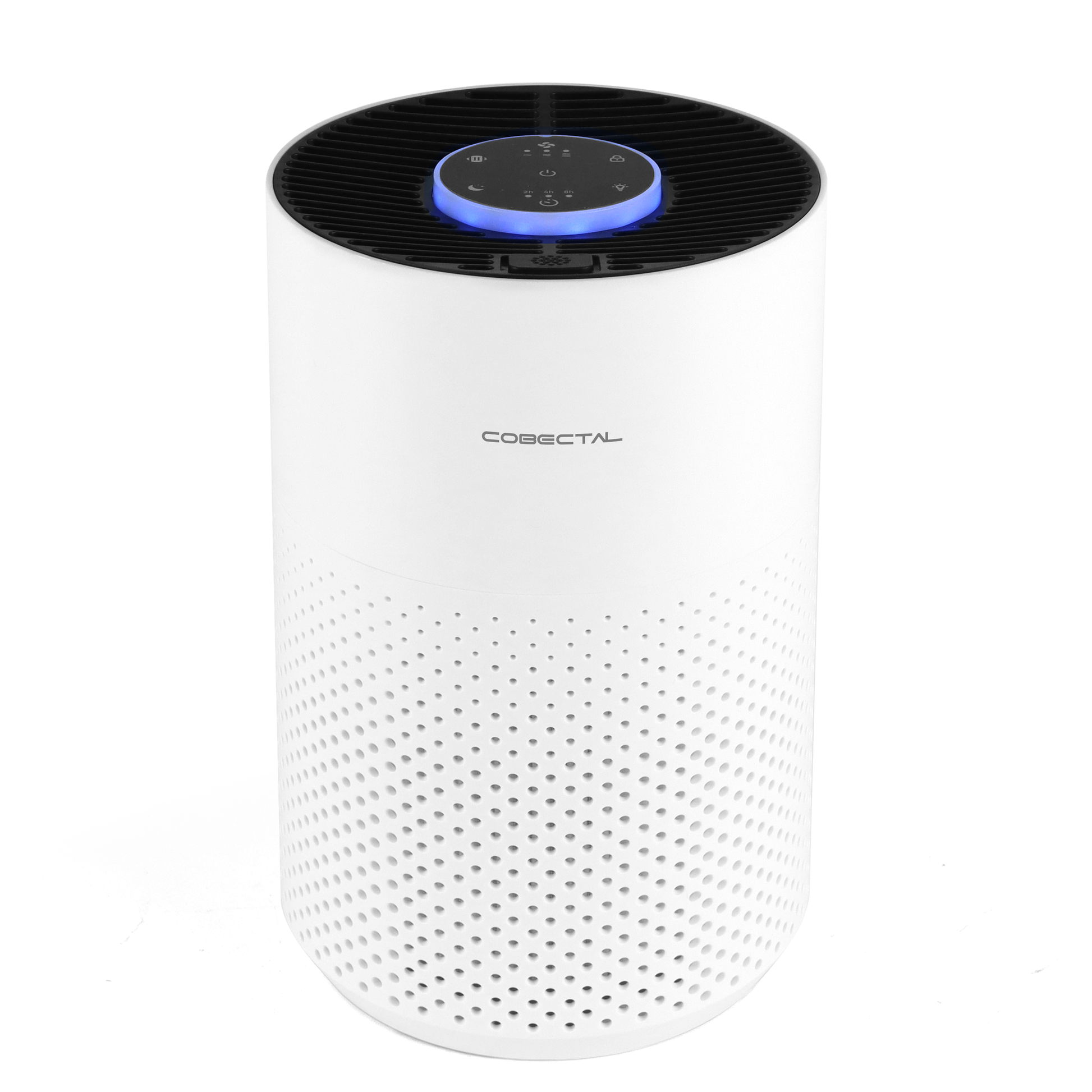 Cobectal ZQA 4000C air purifier - sleek white cylindrical design, top touch controls with blue backlight, perforated lower body for air intake.