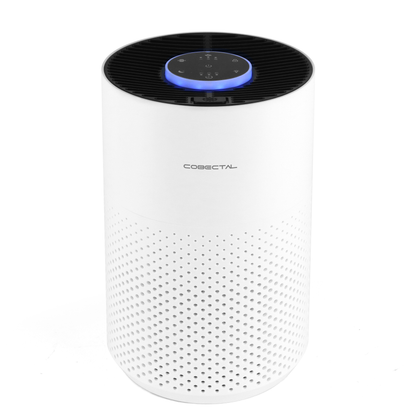 Cobectal ZQA 4000C air purifier - sleek white cylindrical design, top touch controls with blue backlight, perforated lower body for air intake.