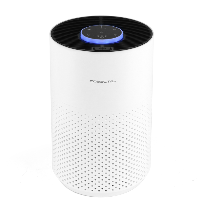 Cobectal ZQA 4000C air purifier - sleek white cylindrical design, top touch controls with blue backlight, perforated lower body for air intake.