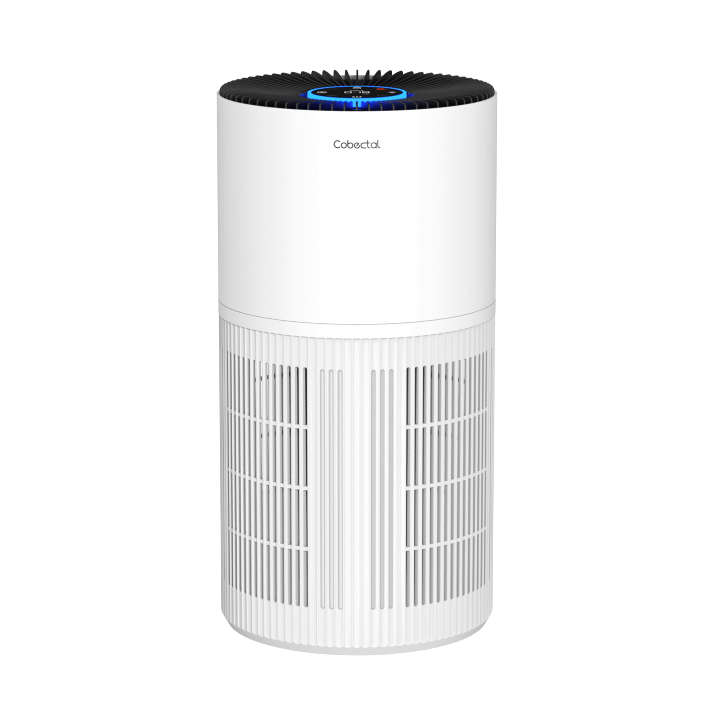 Cobectal ZQA6000A air purifier boasts a sleek cylindrical design, featuring a white body with a black top and an integrated digital display, perfectly suited for modern home and office air purification needs.