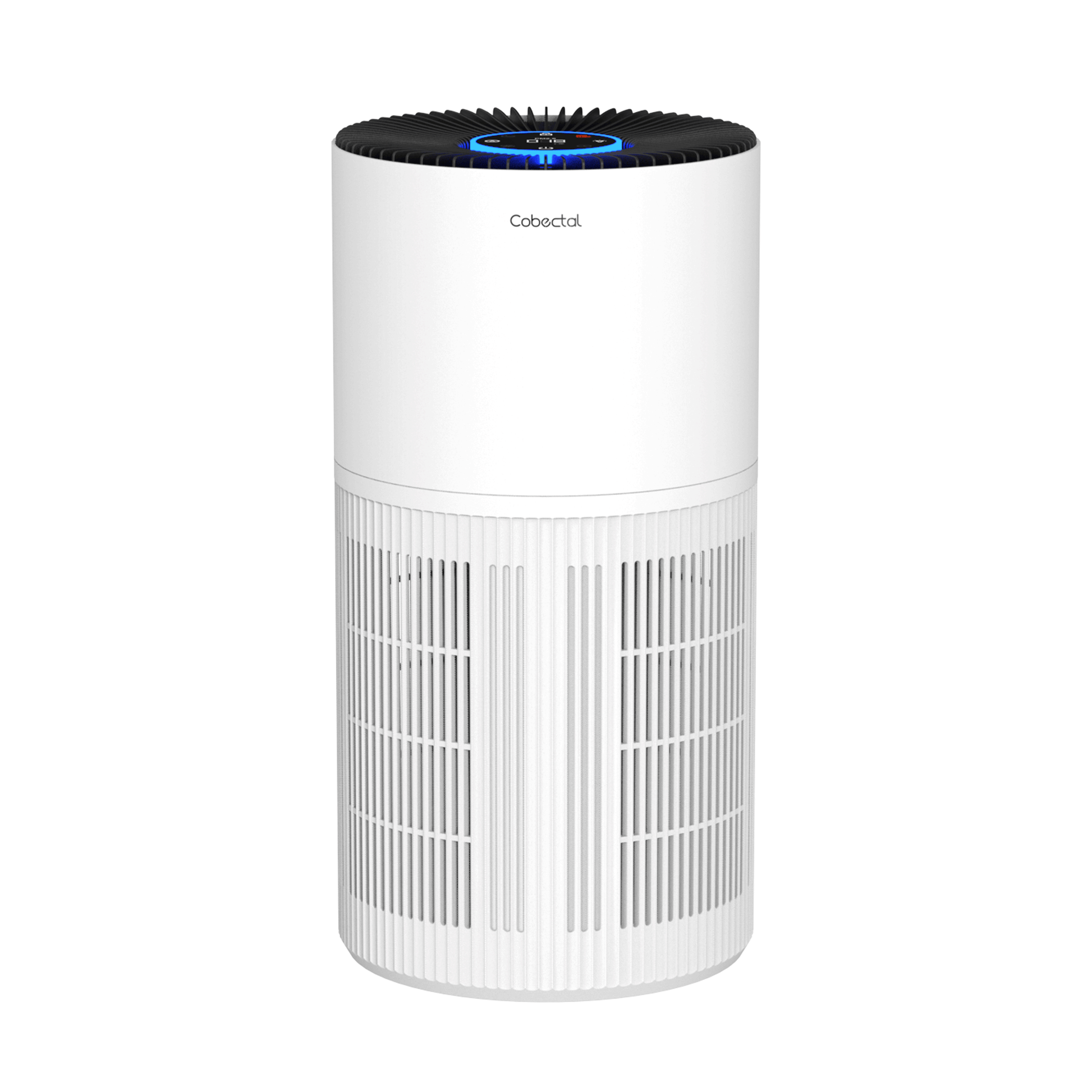 Cobectal ZQA6000A air purifier boasts a sleek cylindrical design, featuring a white body with a black top and an integrated digital display, perfectly suited for modern home and office air purification needs.