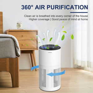 Cobectal air purifier with 360° air purification. Cleans air to every home corner, shown in a bedroom. Arrows and leaves visualize airflow for better coverage and peace of mind.