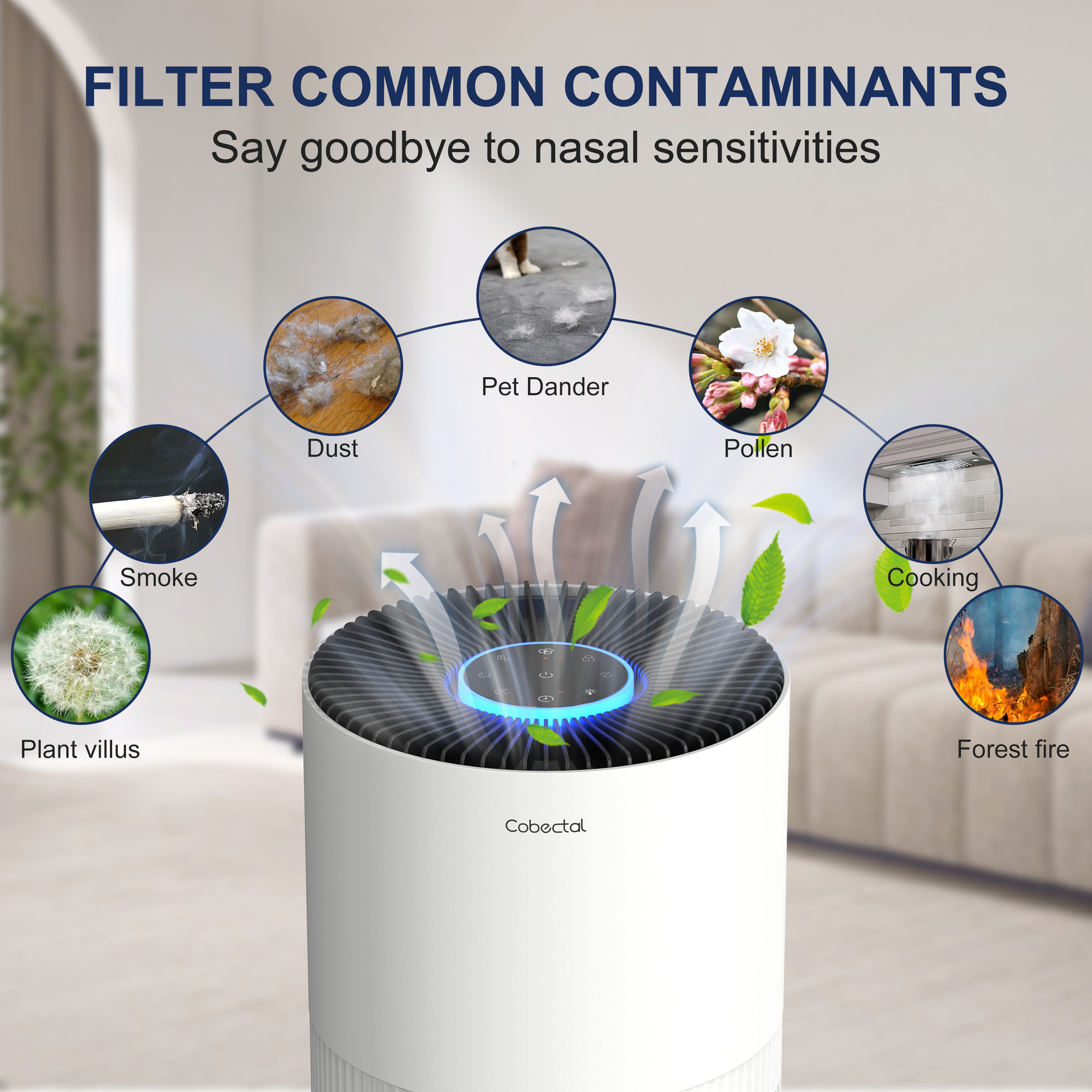 Cobectal ZQA6000A air purifier filters common contaminants: dust, pet dander, pollen, smoke, cooking fumes, etc. Visuals show purified air flow, helping reduce nasal sensitivities. 