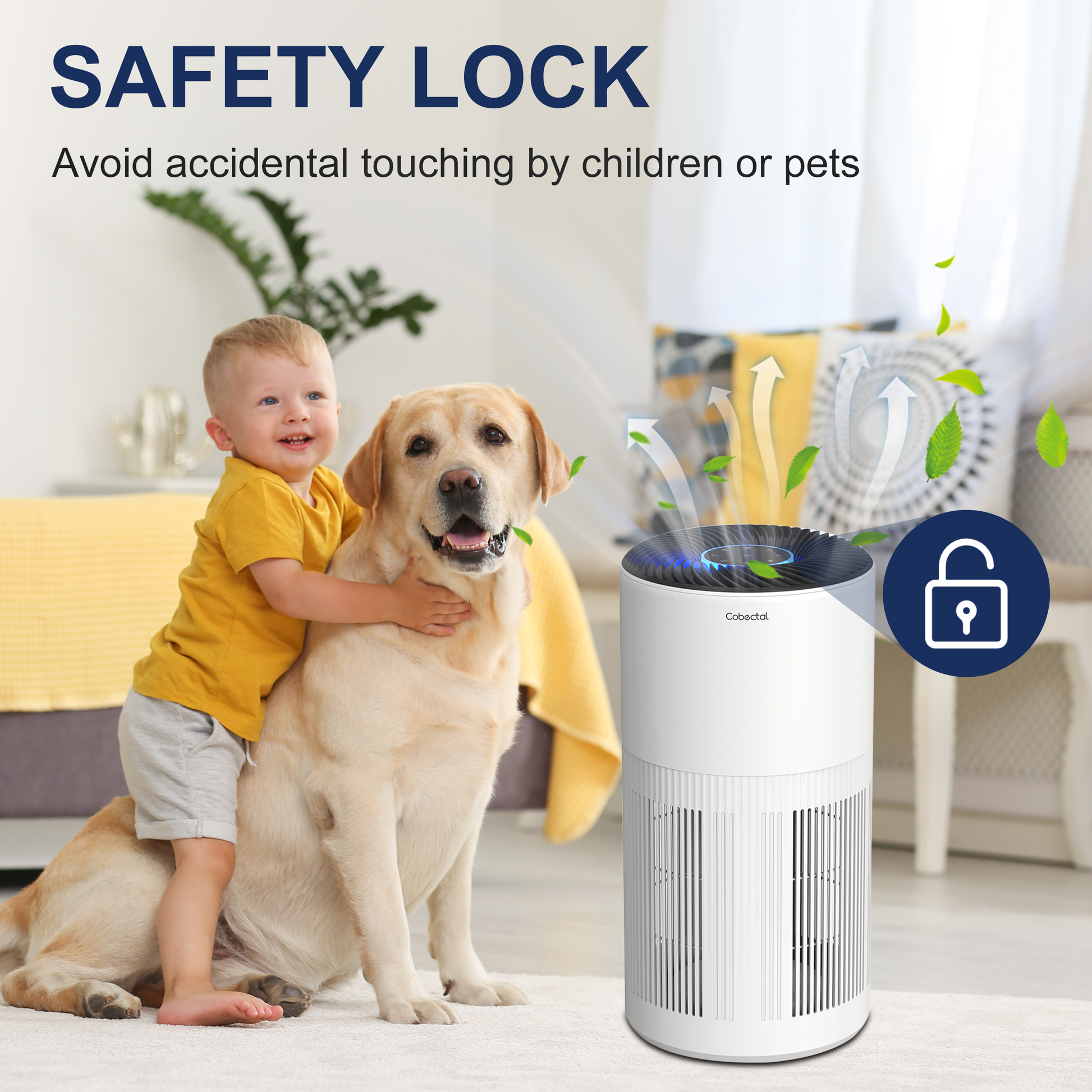 Cobectal ZQA6000A  air purifier safety lock , prevents accidental touches by kids and pets. Shown with a child and dog near the purifier, lock icon for protection.